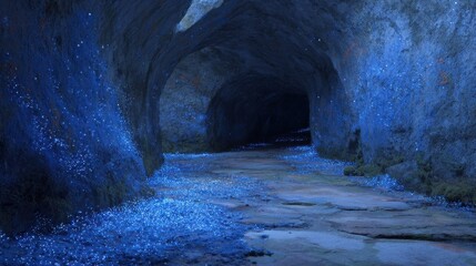 Mysterious Cave With Glowing Blue Bioluminescent Fungi On Walls And Floor. Enchanting Natural Wonder