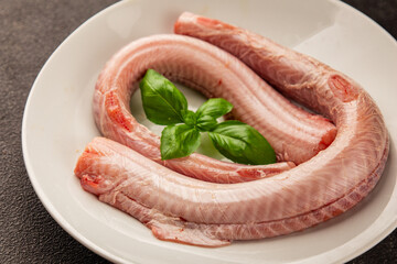 Raw rock eel fish rock salmon shark seafood small-spotted catshark tasty snack fresh delicious gourmet food background on the table rustic top view copy space pescetarian diet