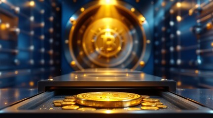 A vault door opens to reveal a bitcoin coin, symbolizing the security and potential of cryptocurrency investments