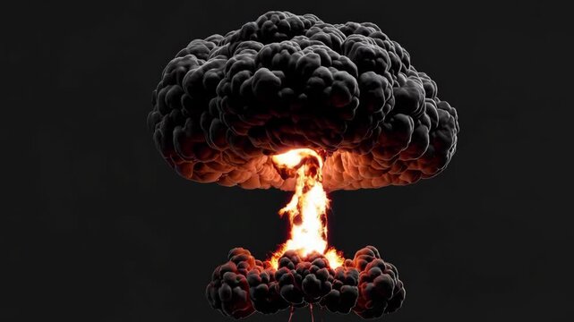 Nuclear bomb explosion VFX with fireball and mushroom cloud on black background.