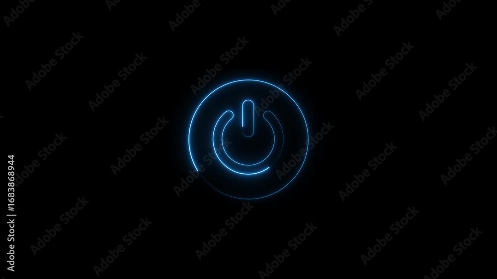 Wall mural glowing blue neon power on off button flickering on a black mesh background. technology concept idea