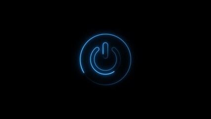 Glowing blue neon power on off button flickering on a black mesh background. Technology concept ideal for user interface concepts, app development and cybersecurity visuals. 4k animation 