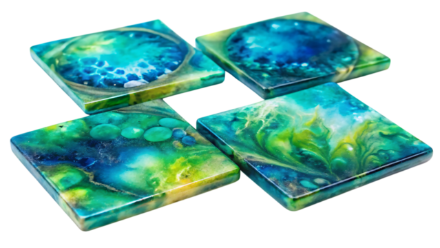 Four Square Resin Coasters, with Swirling Blue Green and Yellow Abstract Patterns, cutout, PNG isolated on transparent background