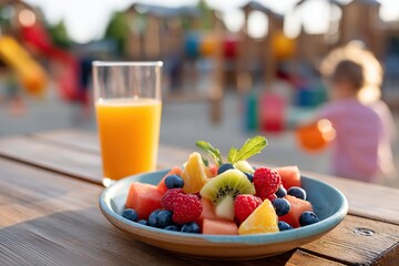 Refreshing summer fruit salad featuring kiwi and berries at an outdoor play area