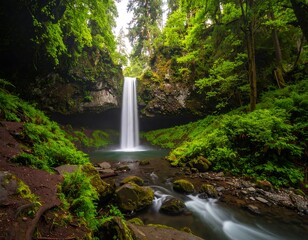 Lush waterfall cascading into a tranquil pool surrounded by dense green forest