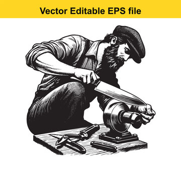 Man sharpening knife on grinding wheel, isolated on white background