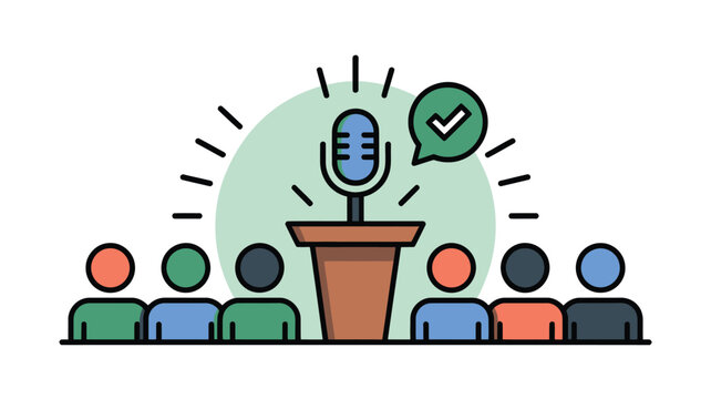 Illustration of a public speaking event with a microphone and audience members present