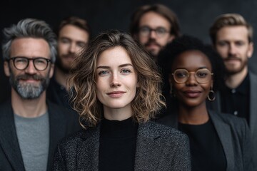 Fototapeta premium Diverse group of business professionals stands together, with a confident businesswoman at the forefront, showcasing teamwork and leadership