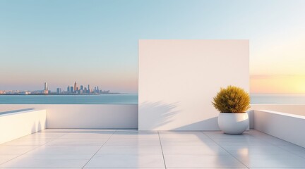 A modern rooftop terrace offers a serene escape with a distant city skyline and a tranquil ocean view at sunset