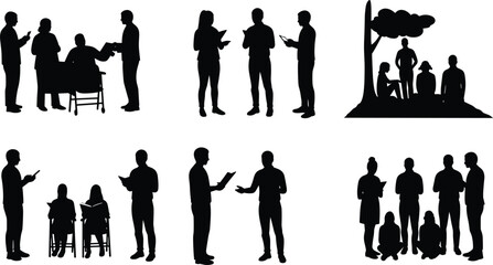 Silhouettes of diverse people in discussions, reading, social gathering, teamwork, collaboration, and outdoor group activities in casual settings