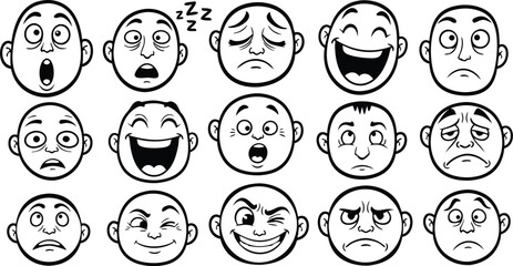 Set of doodle cartoon character facial expressions and emotions black and white vector illustration
