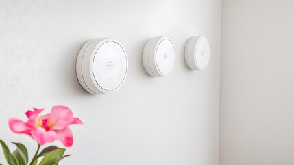 Three circular smart devices mounted on a white wall with a pink flower in the foreground