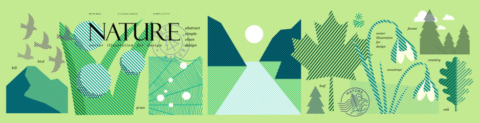 Obraz na płótnie Canvas Nature and environment. Vector modern abstract illustrations of dew on grass, spider web, snowdrop, norwegian fjords, maple leaf for eco icons, banner, background and cover