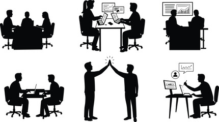 Silhouettes of professionals collaborating, working on laptops, discussing graphs, high-fiving, and presenting in modern office environment