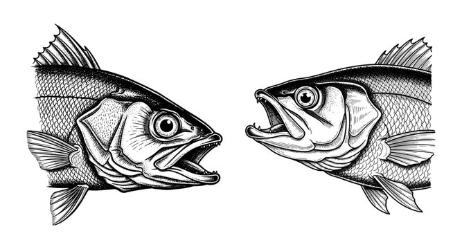 Vector art of two aggressive fish with open mouths facing each other, captured in a dramatic black and white ink illustration