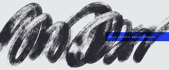 Obraz na płótnie Canvas Textured black grunge brush stroke with grainy spray effect. Distressed hand drawn banner featuring bold zigzag line, rough vintage stroke, thick painted background. Vector bold artistic brush strokes