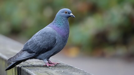 A majestic pigeon perched on a wooden railing with blurred green background