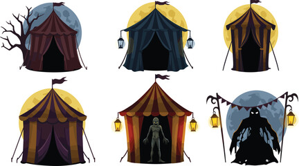 Spooky Halloween tents with full moon, eerie circus tents with lanterns, creepy tent with monster and shadow figure in doorway © Shahadot Creatives