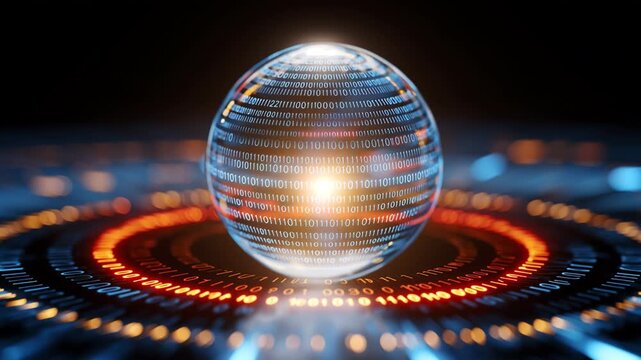 Futuristic digital sphere with binary code and glowing technology, abstract data network innovation, illuminated by vibrant rings, modern science, cyber energy, circular patterns, virtual high tech