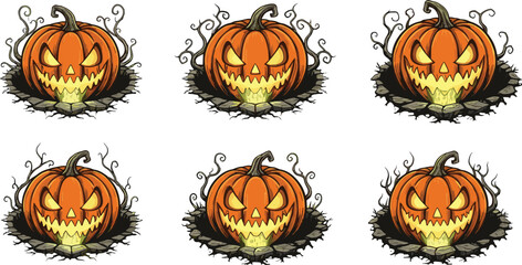 Vampire pumpkin Halloween illustration, glowing jack-o’-lantern, spooky pumpkin with glowing mouth, creepy Halloween decoration set