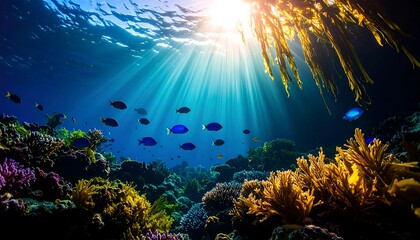 Naklejka premium Colorful coral reef ecosystem illuminated by sunlight during