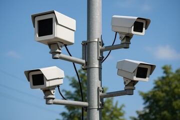 Street surveillance pole with multiple CCTV and radar systems City monitoring technology setup