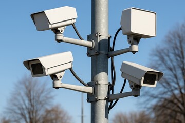 Street surveillance pole with multiple CCTV and radar systems City monitoring technology setup