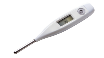 Digital thermometer isolated on transparent background, a medical device used to measure body temperature, essential for health monitoring and fever detection