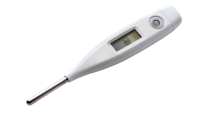 Digital thermometer isolated on transparent background, a medical device used to measure body temperature, essential for health monitoring and fever detection