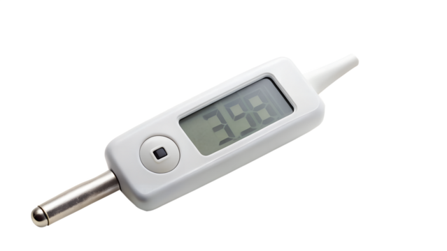 Digital thermometer showing high fever isolated on transparent background, a crucial tool for monitoring health and detecting elevated body temperature
