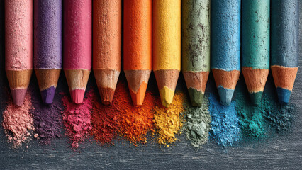 An array of colored pencils matched to colored chalk dust. Arts and crafts. School drawing supplies.