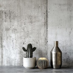 Small product on textured concrete background with cactus and metallic accents, industrial vibe