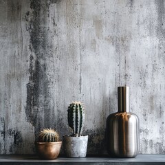 Small product on textured concrete background with cactus and metallic accents, industrial vibe