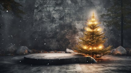 Concrete Christmas tree with glowing lights on podium, industrial interior scene