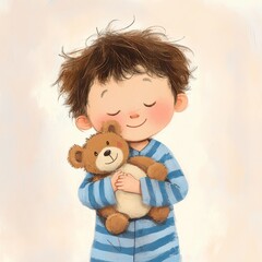 Small boy in blue striped pajamas holding teddy bear, whimsical illustration