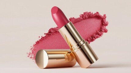 Golden lipstick with pink shade and textured smear background.