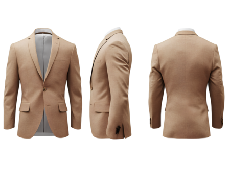 beige jacket, male suit isolated on transparent background, cutout png file with front and back