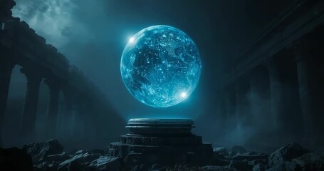 Blue glow coalescing holographic globe rotating on pedestal at ruined temple, with columns, debris - Powered by Adobe
