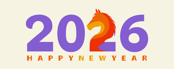 Happy New Year, 2026, Year of the horse. Colorful modern banner, card, poster, vector illustration with text
