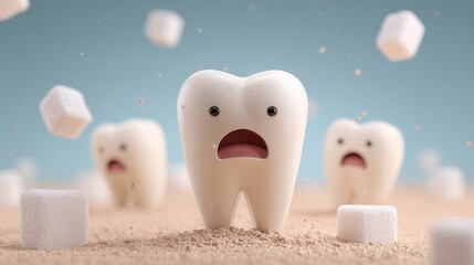 Cartoon tooth with scared face and sugar cubes.