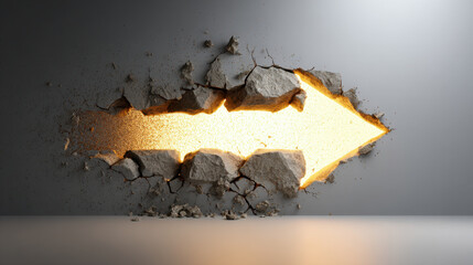 Glowing arrow breaking through cracked wall symbolizes progress and direction. contrast between rough texture of wall and smooth light of arrow creates striking visual impact
