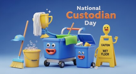 Celebrate National Custodian Day with cheerful cleaning characters and a winning trophy!