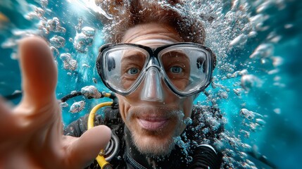 Underwater diver with scuba gear and mask, reaching out with hand while surrounded by bubbles and vibrant blue water, showcasing the thrill of underwater exploration and adventure