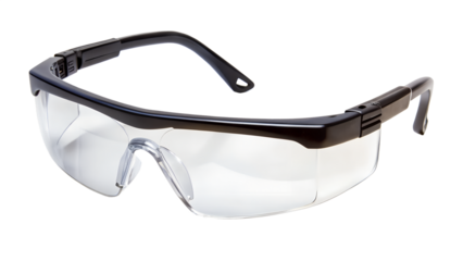 Protective eyewear with clear lenses and dark frames isolated on transparent background, essential for safeguarding eyes in hazardous environments