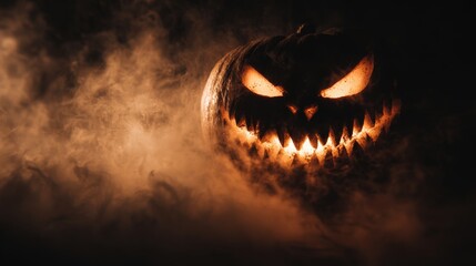 Fototapeta premium Sinister Jack-o'-lantern with Sharp Teeth in Smoky Darkness