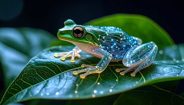 Frog Resting on Leaf with Circuitry Design Technology Concept