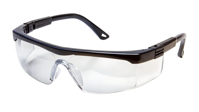 Protective eyewear with clear lenses and dark frames isolated on transparent background, essential for safeguarding eyes in hazardous environments