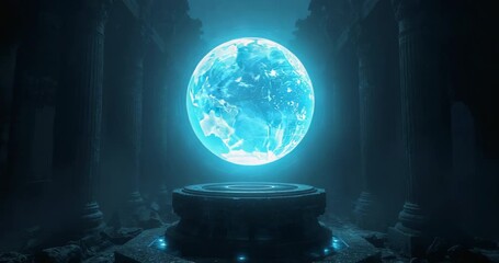 Appearing hologram globe hovering above stone pedestal in temple hall, rotating and pulsating - Powered by Adobe