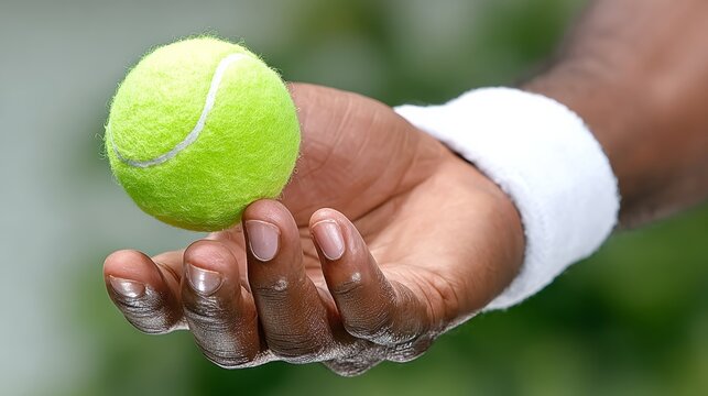 African American male athlete holding a bright green tennis ball in his hand, showcasing focus and readiness, with a white wristband adding a sporty touch to the energetic scene - Powered by Adobe