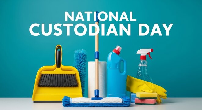 Celebrate National Custodian Day with essential cleaning supplies and a vibrant graphic
